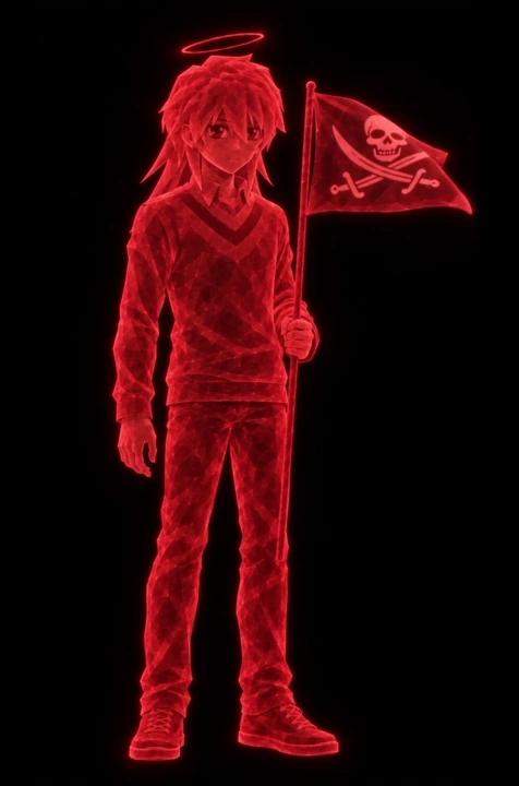 Bakura as a red triangular hologram turning in place, holding a waving pirate flag beneath a floating halo.